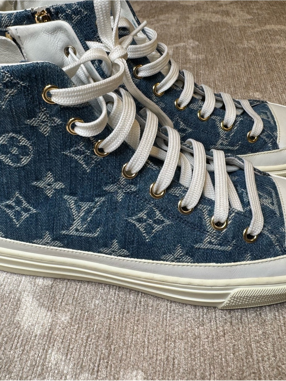 Louis Vuitton Denim Monogram High-Top Sneakers in Blue & White